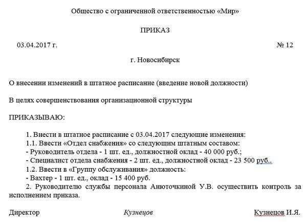Введение новых штатных единиц. Приказ о вводе в штатное расписание новой должности образец.
